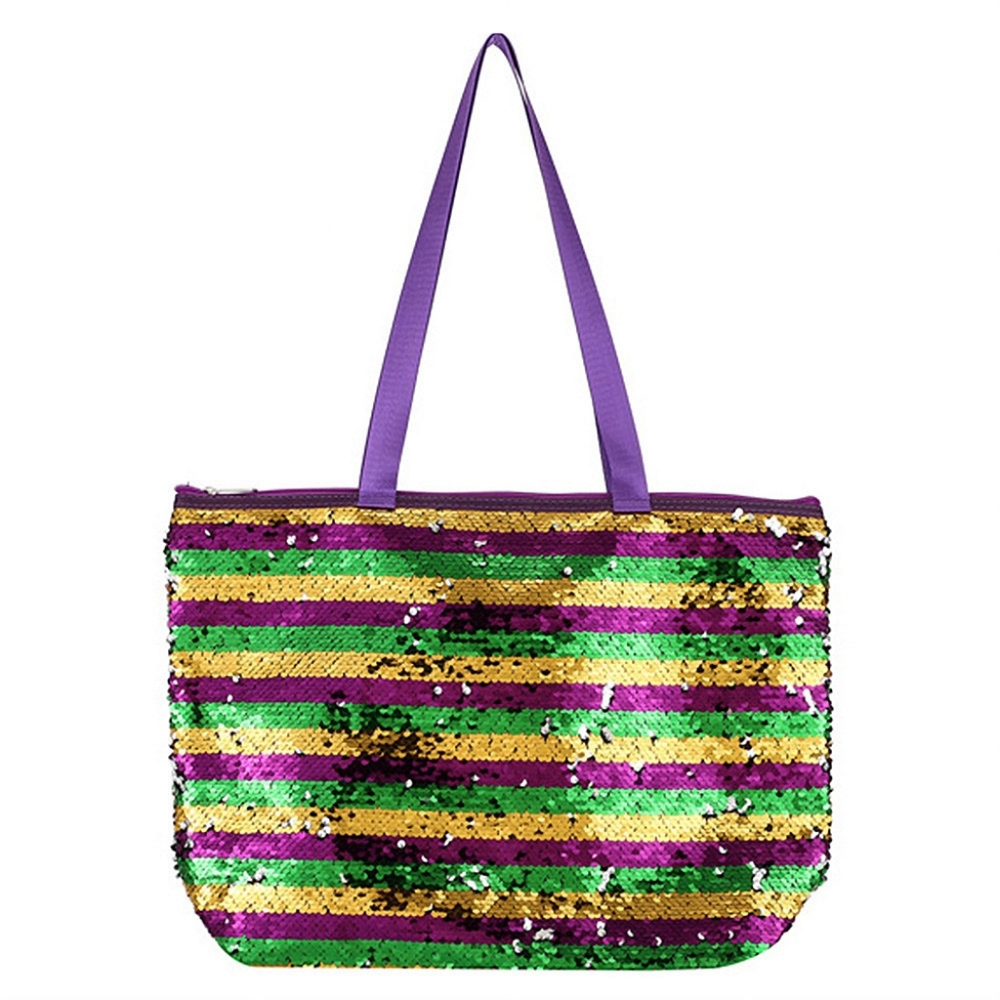 Green Purple Gold Sequin Stripe Mardi Gras Tote Purse Shoulder Bag - Picture 4 of 6